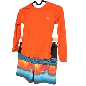 Boys Swim Trunks Shirt Set XS Orange Beachwear Pool Party Water Sports